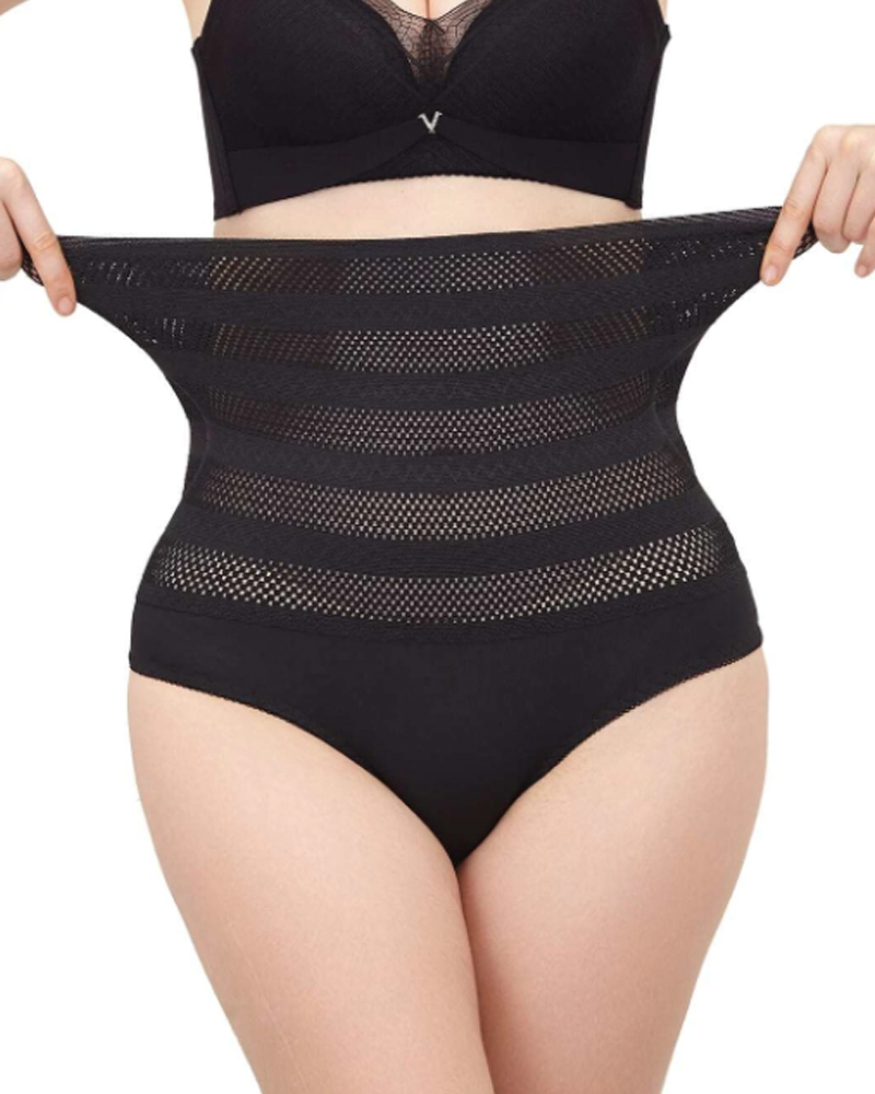 Women's High Waisted Chevron Print Shapewear Panty Tummy Control Mesh Briefs  - By Qivii
