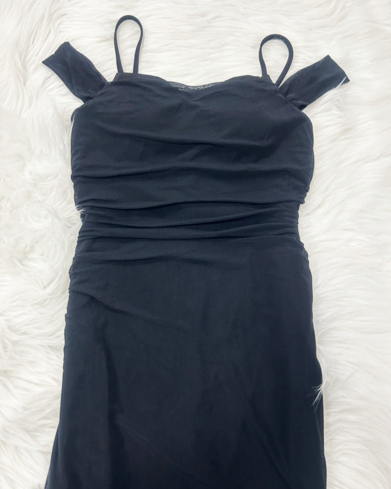 Glamorous Off Shoulder Dress with Ruffled Asymmetrical Slit  - By Qivii