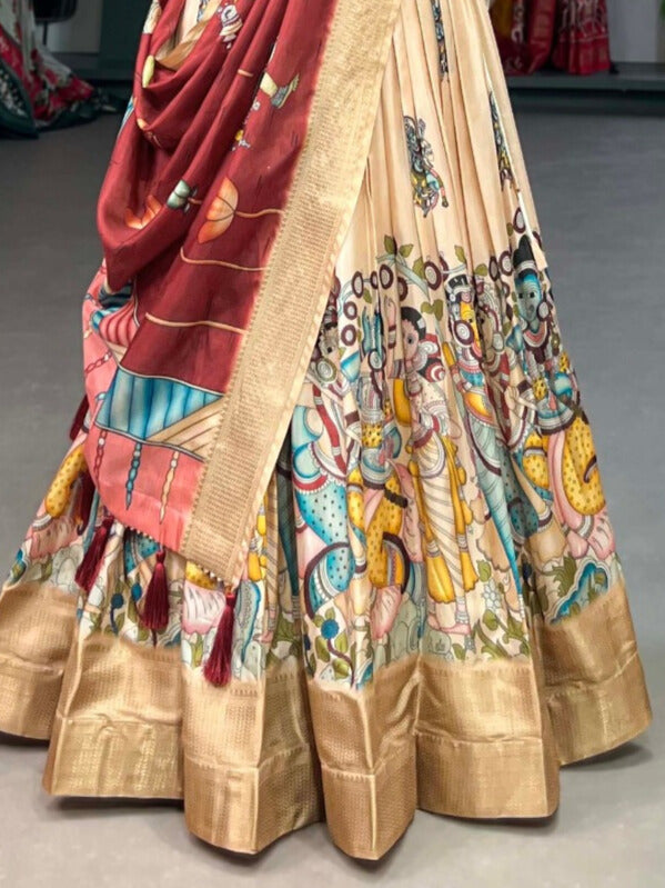 Dola Silk Kalamkari Print With Weaving Border Lehenga Choli in Cream Color