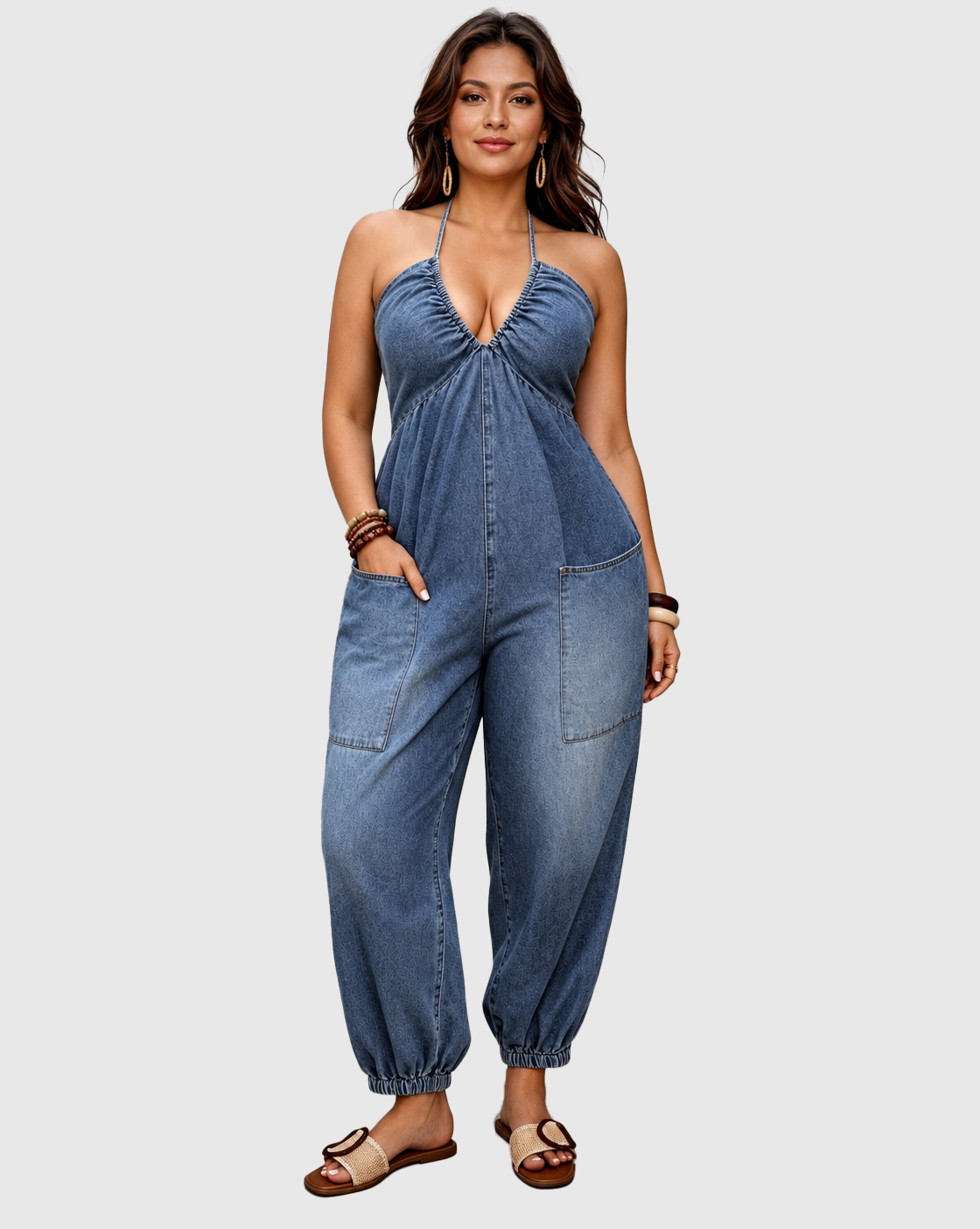 Halter  Backless Pocket Jogger Denim Jumpsuit  - By Qivii