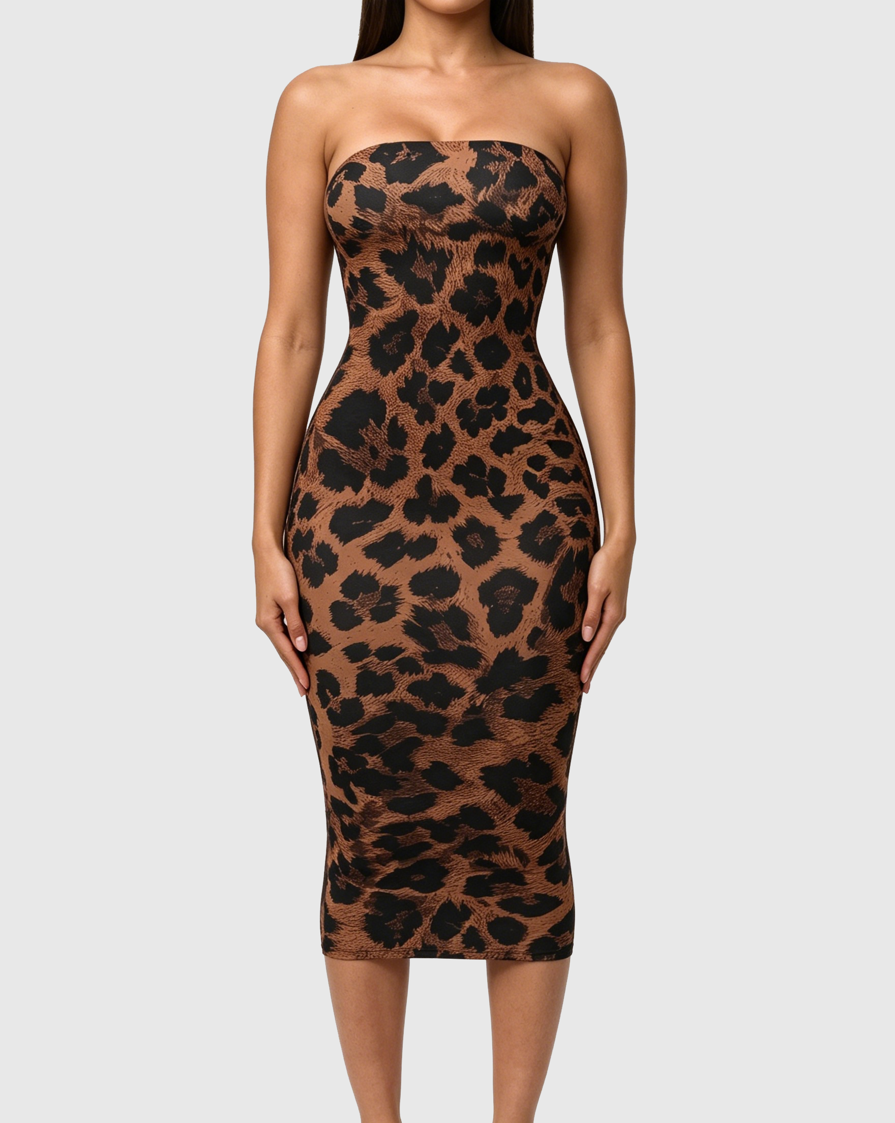 Leopard Print Strapless Tube Midi Dress  - By Qivii