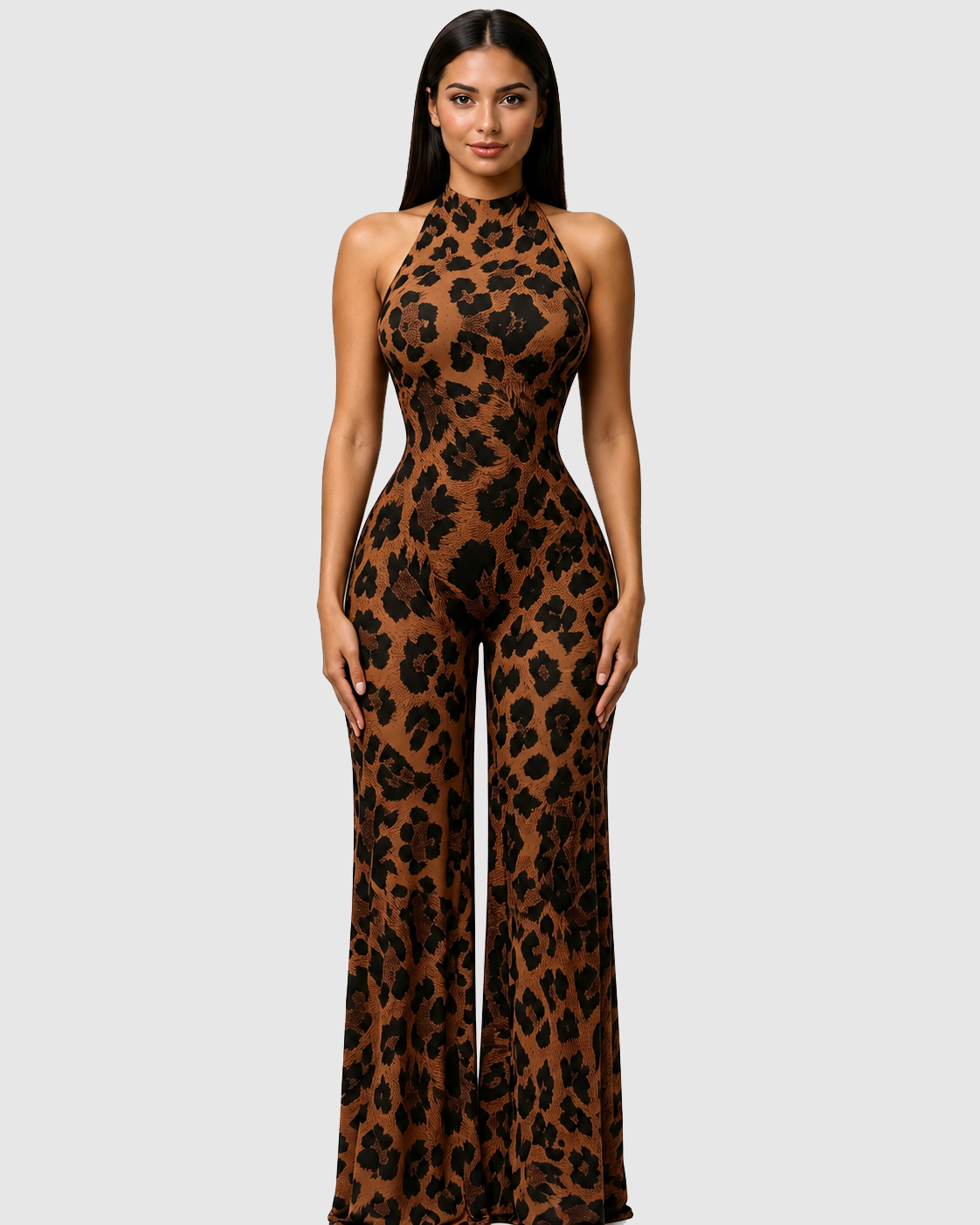 Leopard Print Halter Wide Leg Jumpsuit  - By Qivii