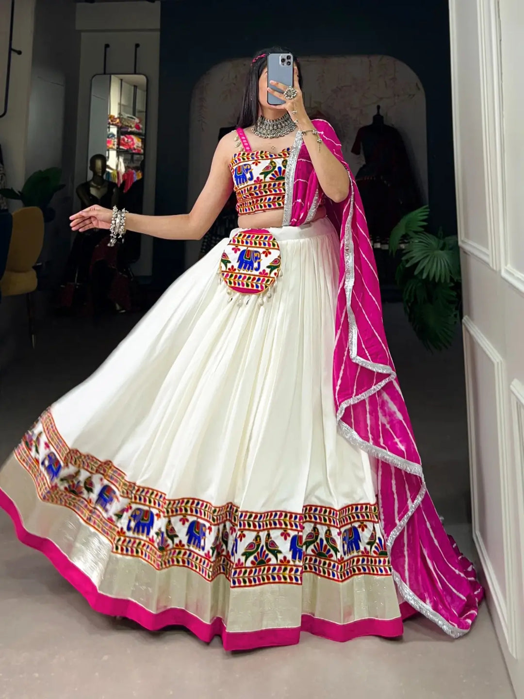 White Elegant Gamthi Work Lehenga and Leheriya Dupatta for Navratri