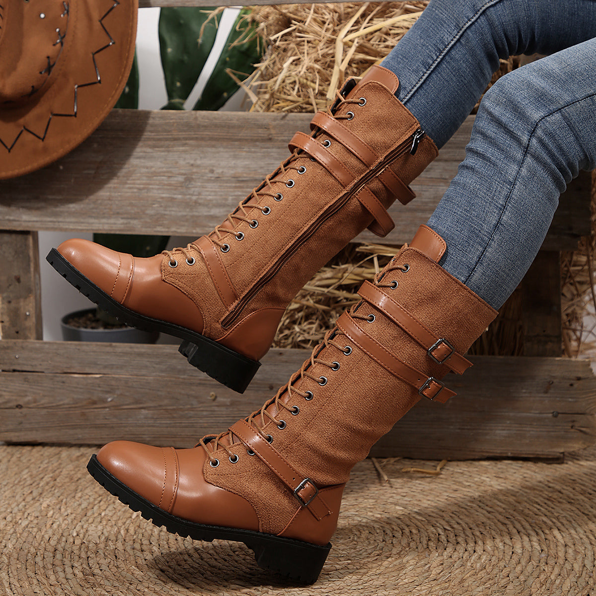 Women's Rogue Riding Boots - PU & Denim Lace-Up Combat Boots (US 5-10.5)