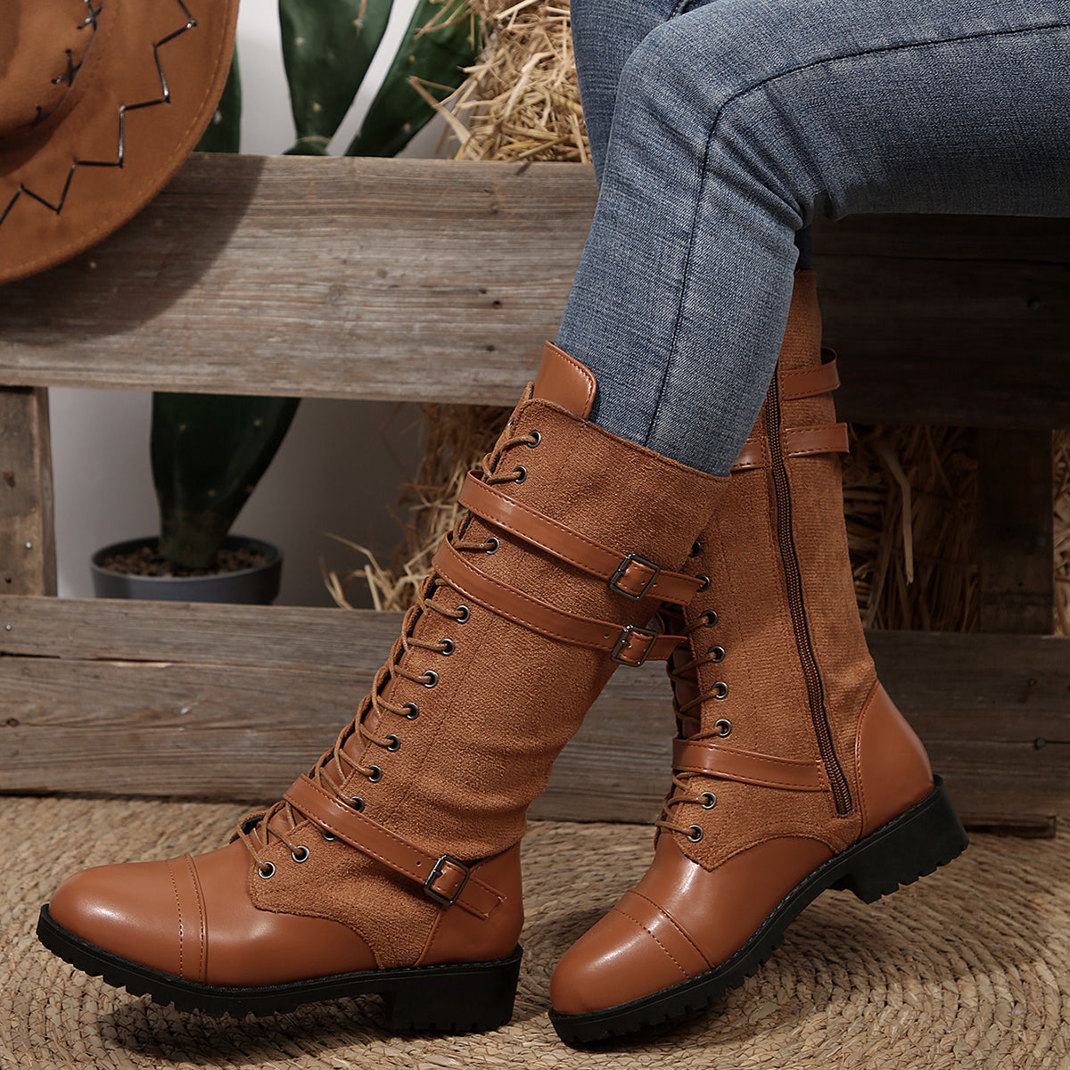 Women's Rogue Riding Boots - PU & Denim Lace-Up Combat Boots (US 5-10.5)