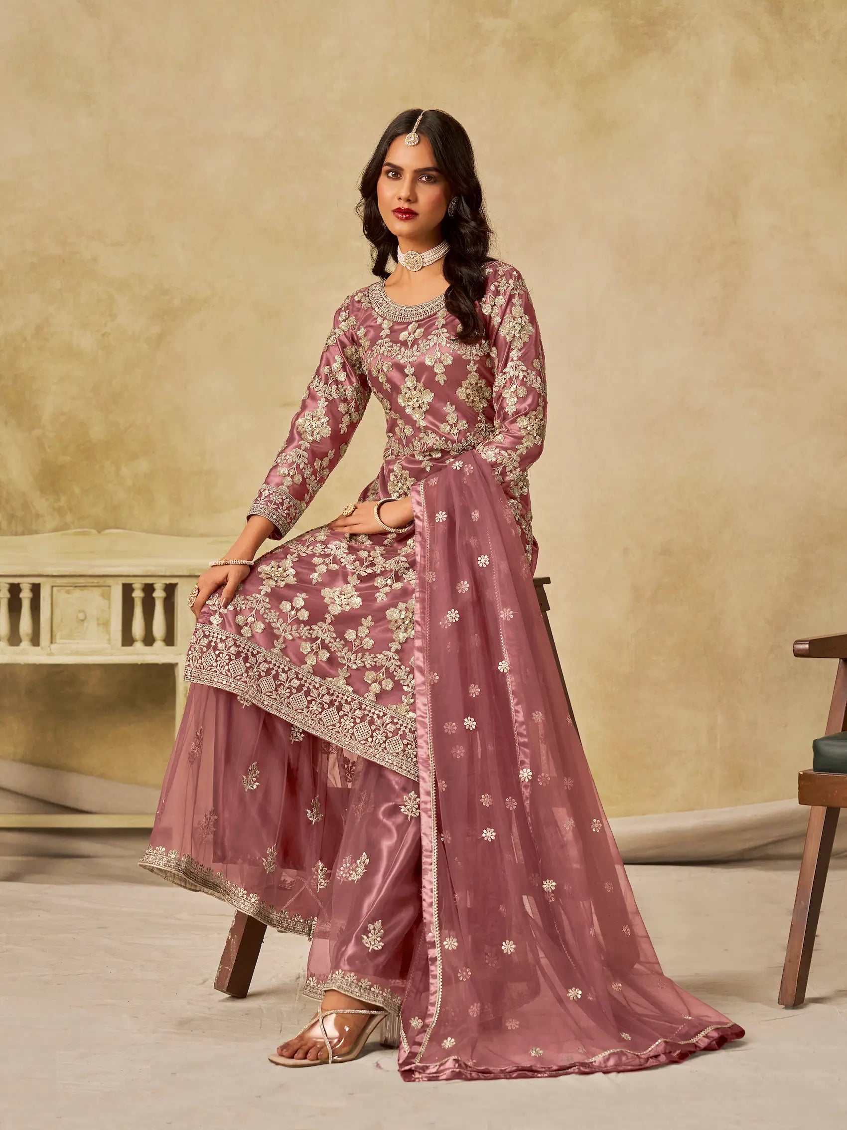 Brownish Pink Net Palazzo Suit With Sequins Embroidery - qivii