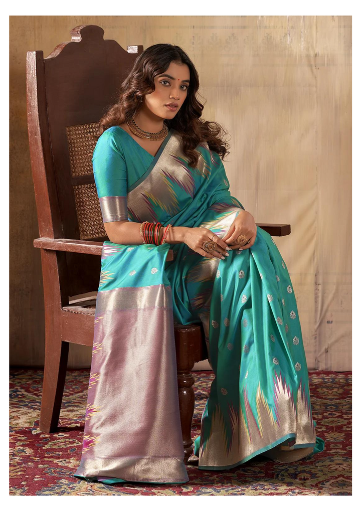 Turquoise Banarasi Silk Saree