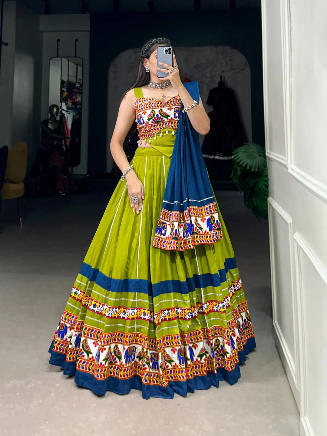 Elegant Cotton Chaniya Choli with Authentic Gamthi Work and Gota Patti Touch-Ups for a Vibrant Celebration