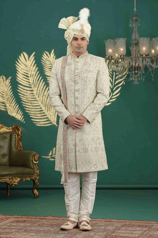 Men's Art Silk Thread Work Sherwani Set In Lemon Color