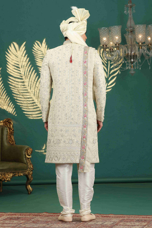 Men's Art Silk Thread Work Sherwani Set In Lemon Color