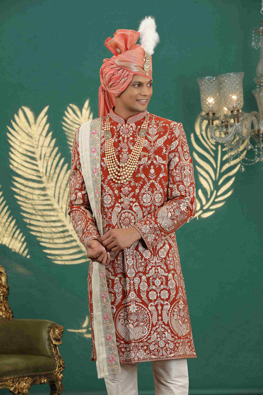 Men's Art Silk Thread Work Sherwani Set In Light Red Color