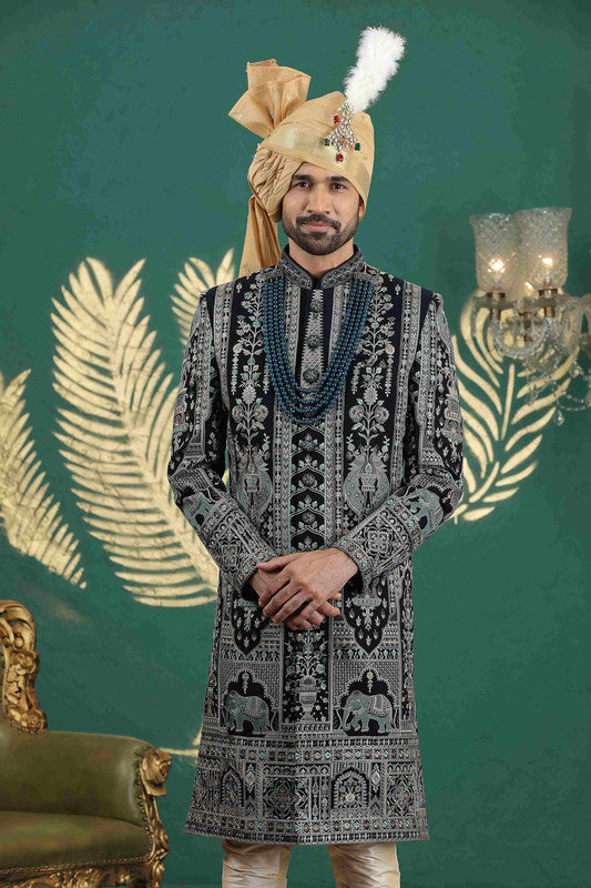 Men's Art Silk Thread Work Sherwani Set In Navy Blue Color