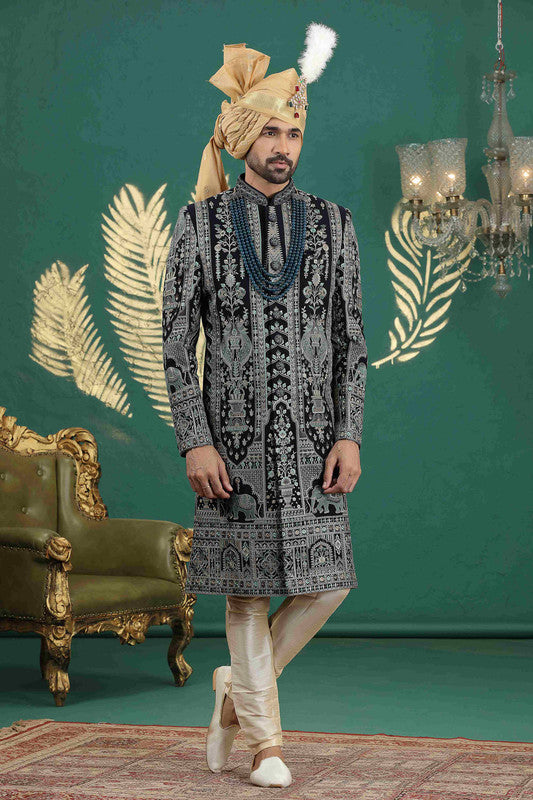 Men's Art Silk Thread Work Sherwani Set In Navy Blue Color