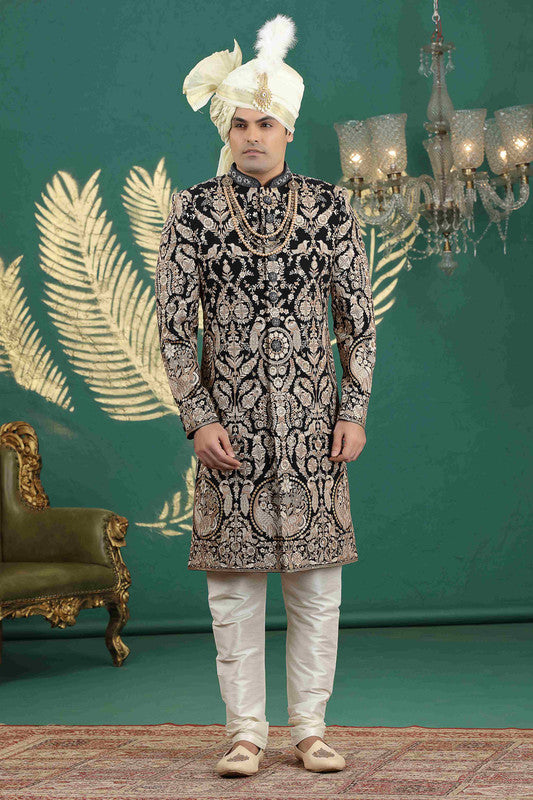 Men's Art Silk Thread Work Sherwani Set In Black Gold Color