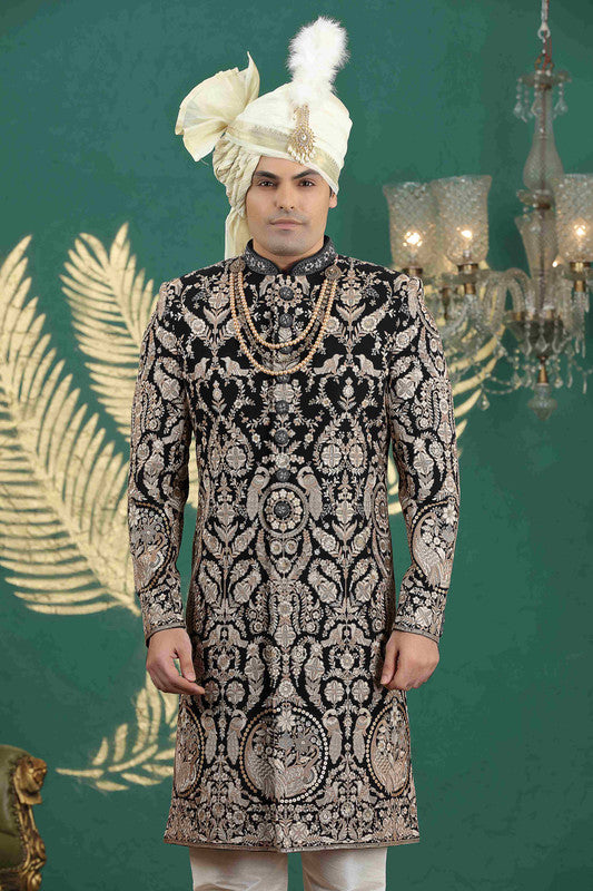 Men's Art Silk Thread Work Sherwani Set In Black Gold Color