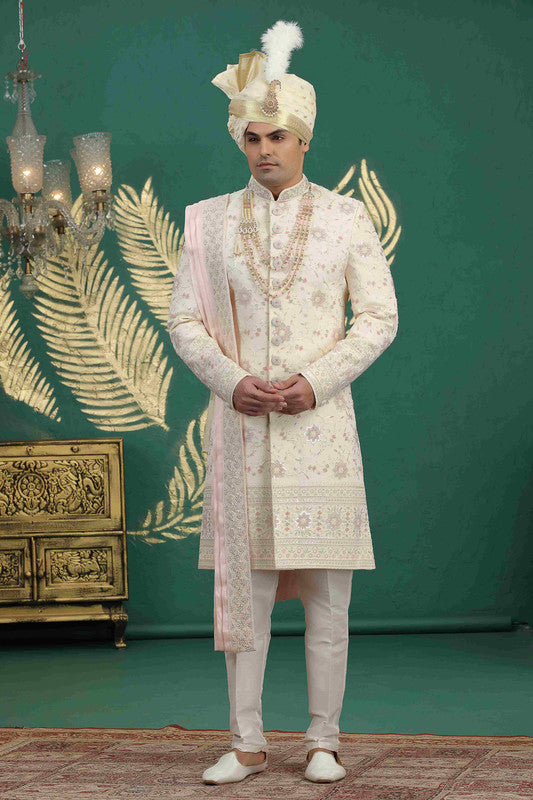Men's Art Silk Thread Work Sherwani Set In Gold Color