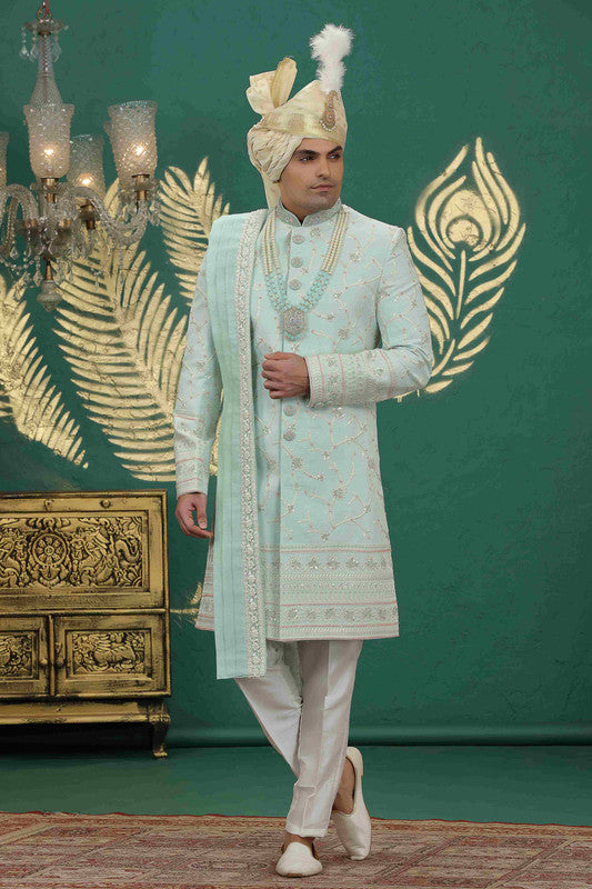 Men's Art Silk Thread Work Sherwani Set In Pista Green Color