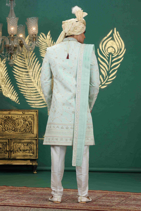 Men's Art Silk Thread Work Sherwani Set In Pista Green Color