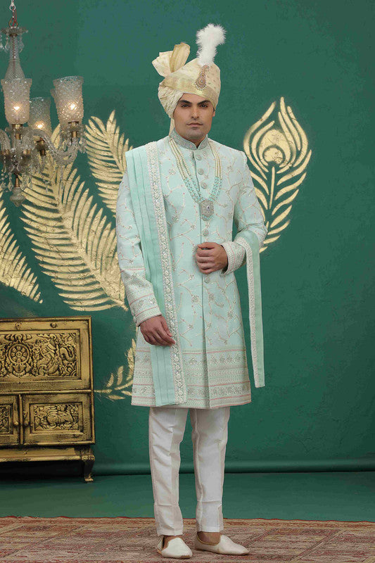 Men's Art Silk Thread Work Sherwani Set In Pista Green Color
