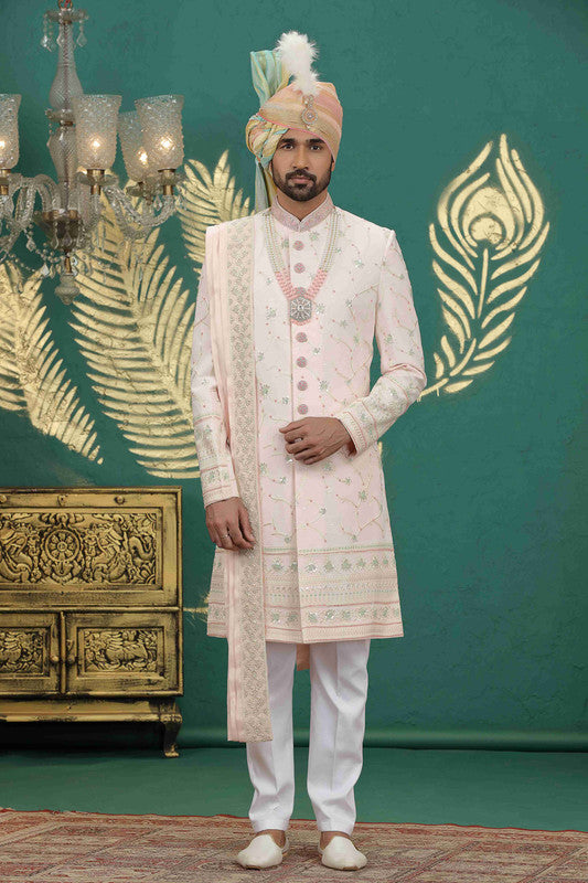 Men's Art Silk Thread Work Sherwani Set In Light Pink Color