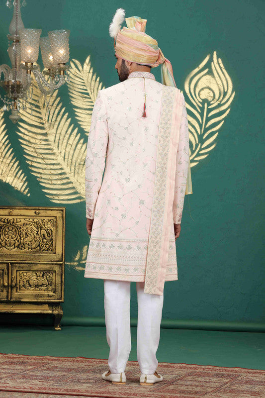Men's Art Silk Thread Work Sherwani Set In Light Pink Color
