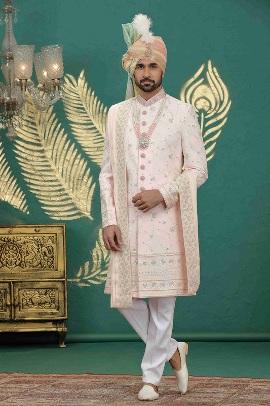 Men's Art Silk Thread Work Sherwani Set In Light Pink Color