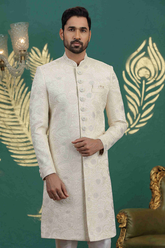Men's Art Silk Thread Work Sherwani Set In Cream Color