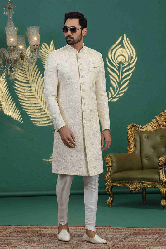 Men's Art Silk Thread Work Sherwani Set In Cream Color