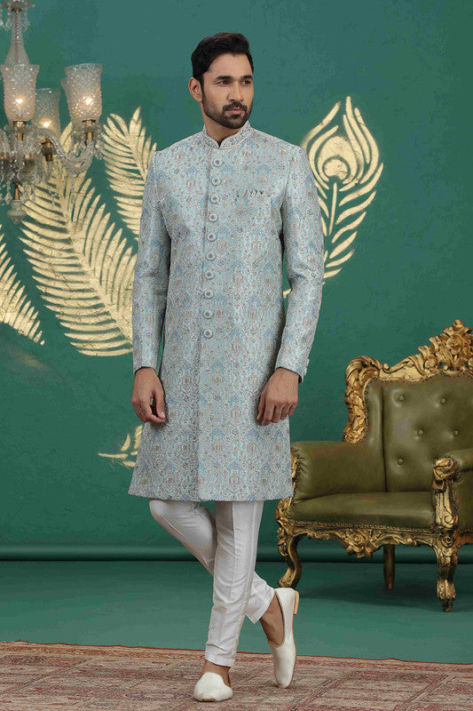 Men's Art Silk Thread Work Sherwani Set In Slate Blue Color
