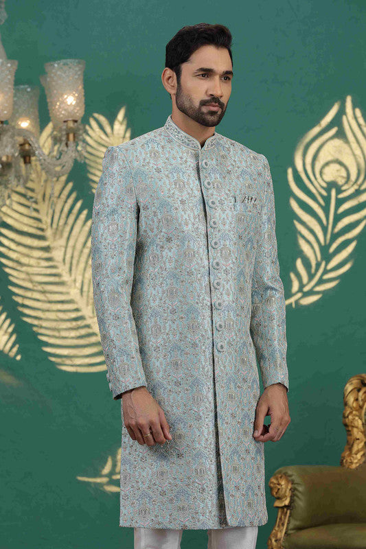 Men's Art Silk Thread Work Sherwani Set In Slate Blue Color