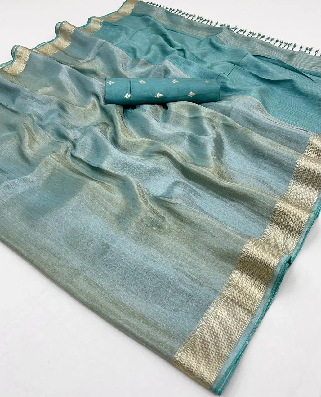 Sky Blue Viscose Tissue Zari Weaving Work Saree