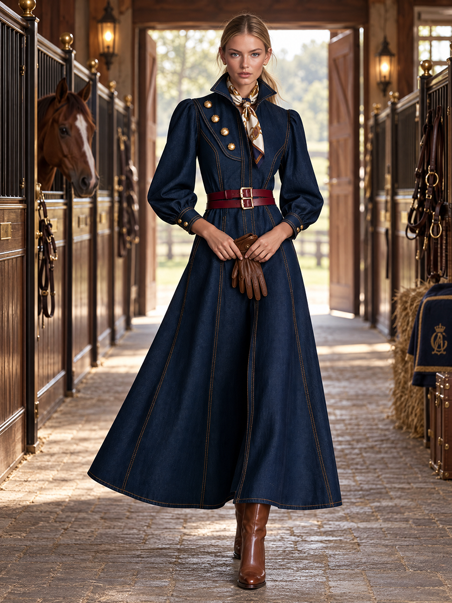 Vintage Military Dark Wash Gold Button Denim Maxi Dress  - By Qivii