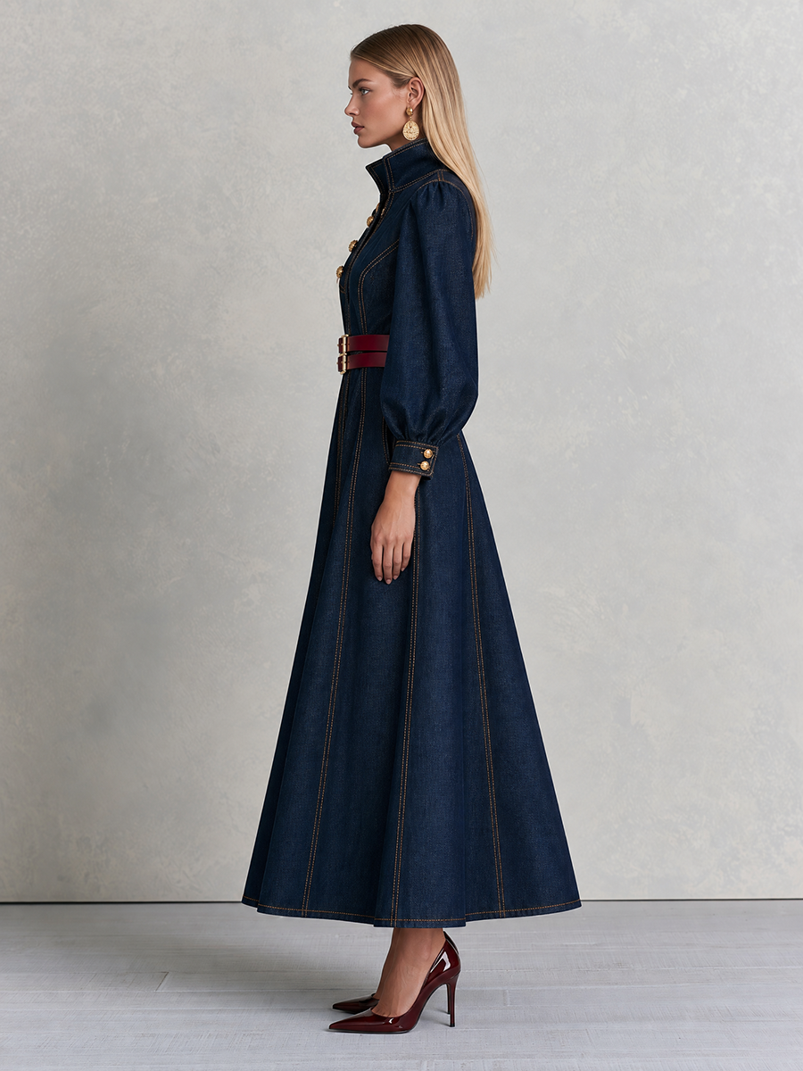 Vintage Military Dark Wash Gold Button Denim Maxi Dress  - By Qivii