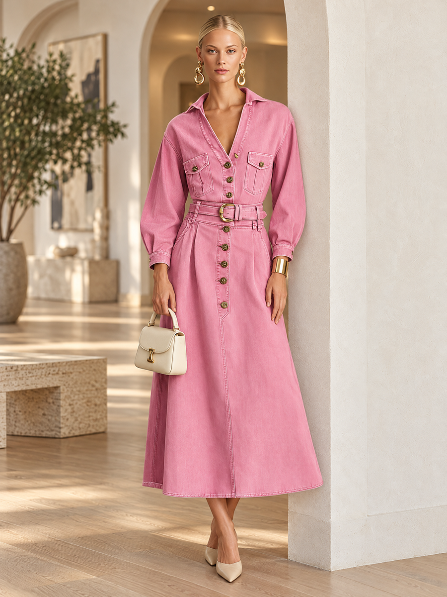 Retro Western Pink Belted Button Front Denim Midi Dress  - By Qivii