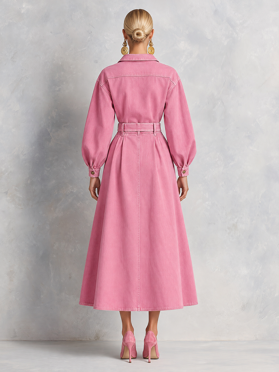 Retro Western Pink Belted Button Front Denim Midi Dress  - By Qivii