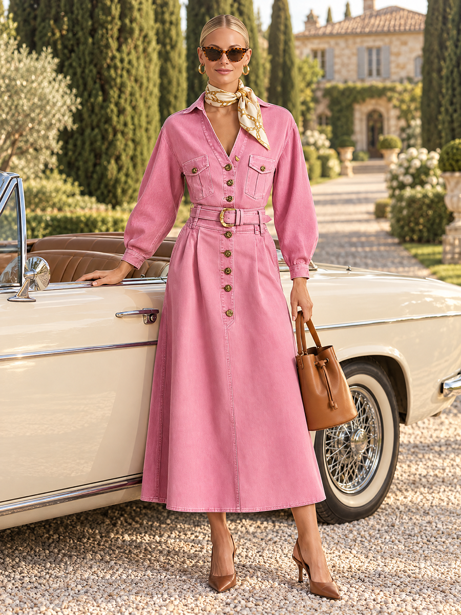 Retro Western Pink Belted Button Front Denim Midi Dress  - By Qivii