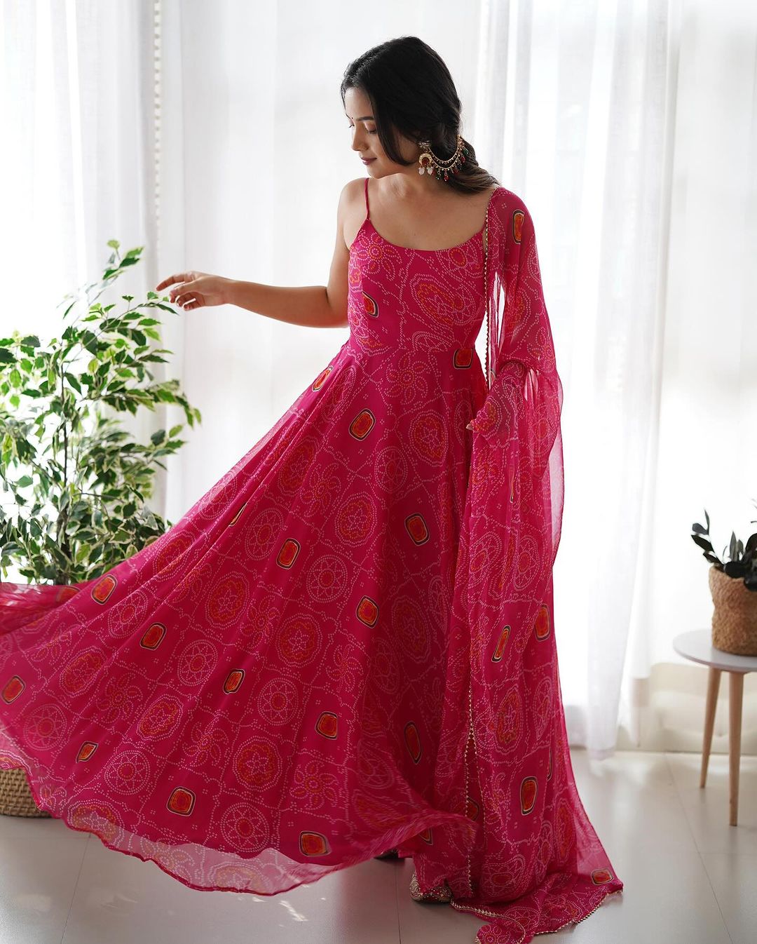 Floral Pink Color Bandhani Print Soft Chiffon Three Piece Anarkali Gown  - By Qivii