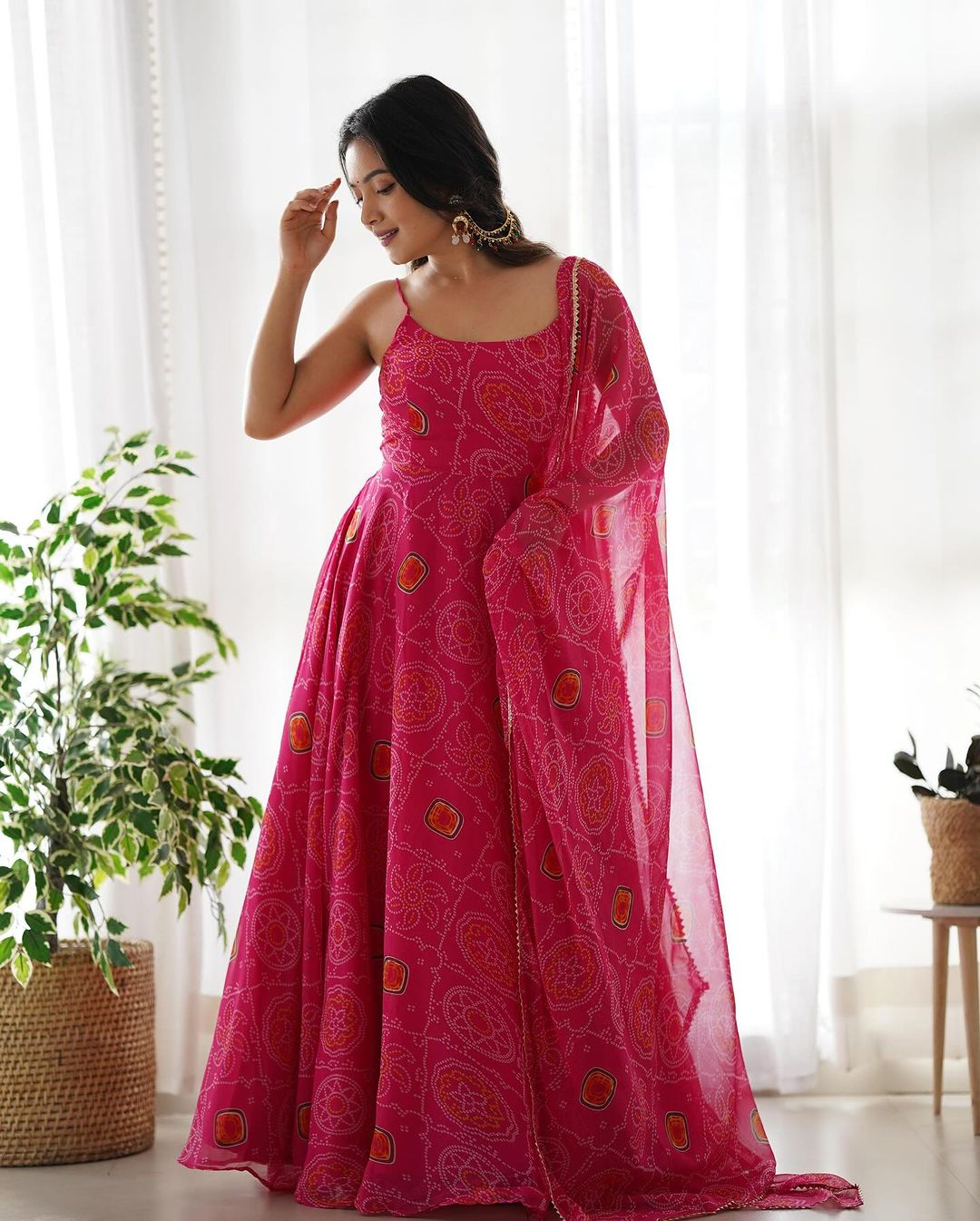 Floral Pink Color Bandhani Print Soft Chiffon Three Piece Anarkali Gown  - By Qivii