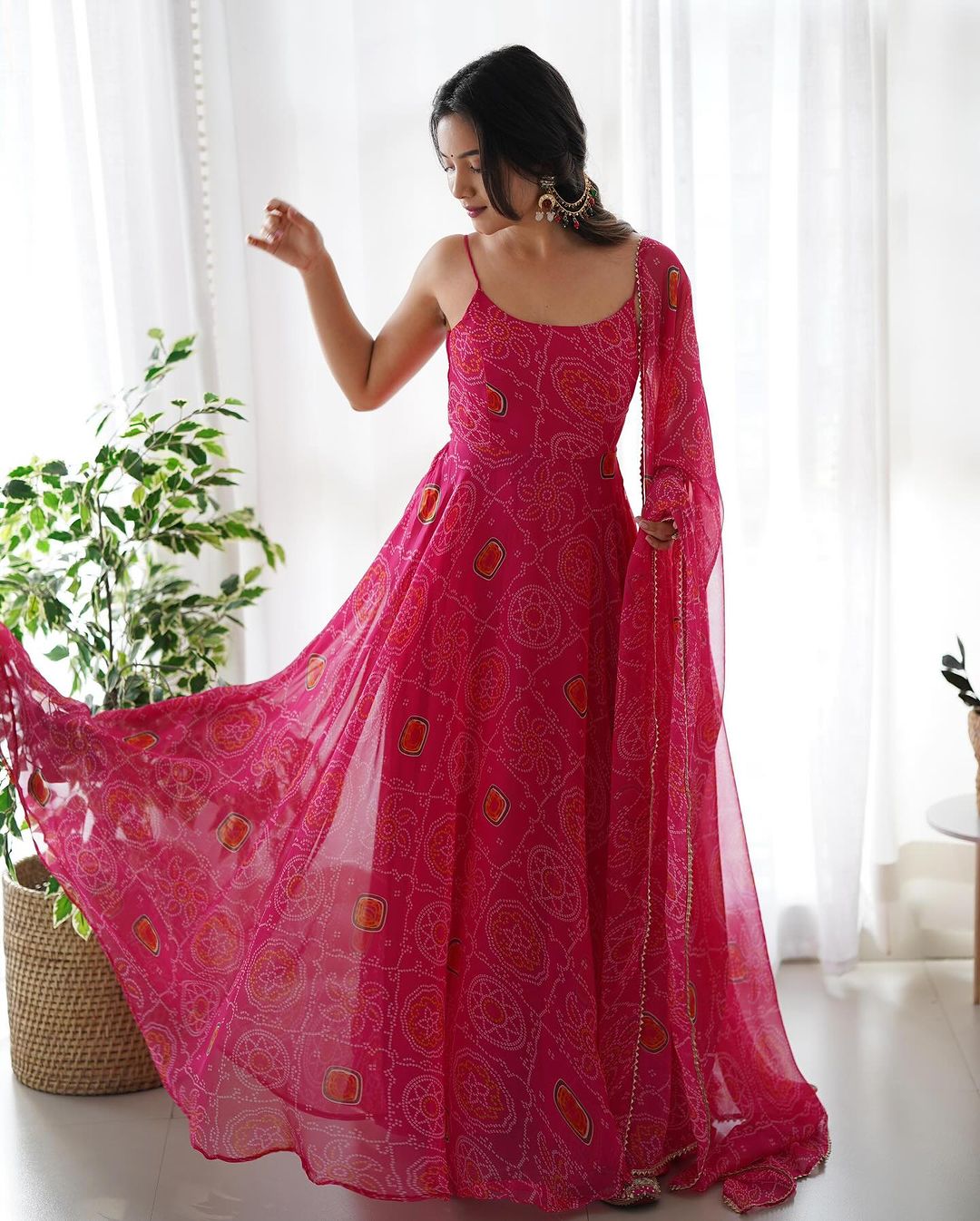 Floral Pink Color Bandhani Print Soft Chiffon Three Piece Anarkali Gown  - By Qivii