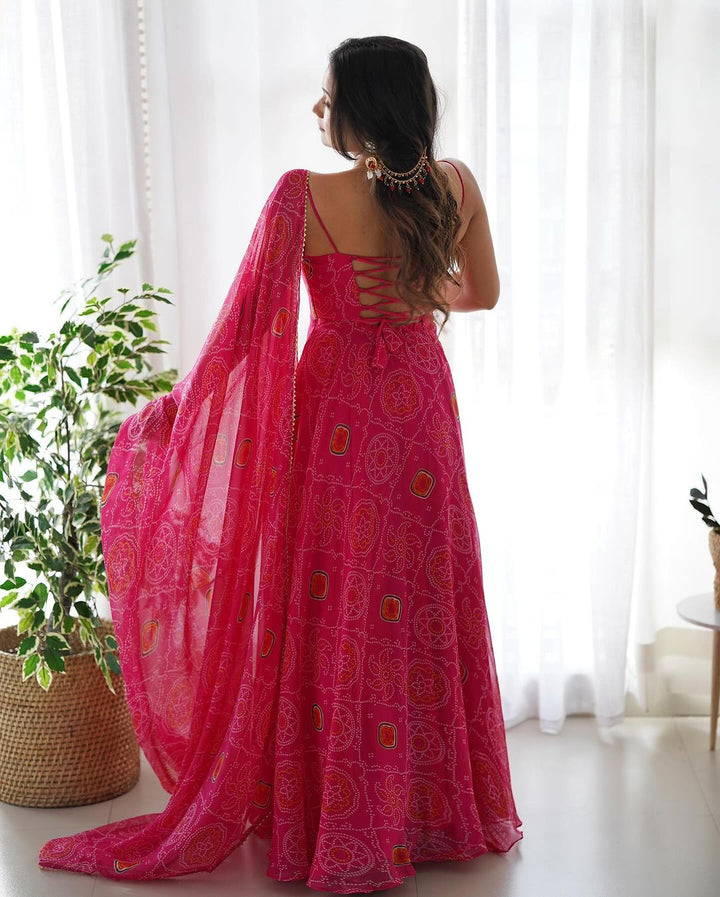 Floral Pink Color Bandhani Print Soft Chiffon Three Piece Anarkali Gown  - By Qivii