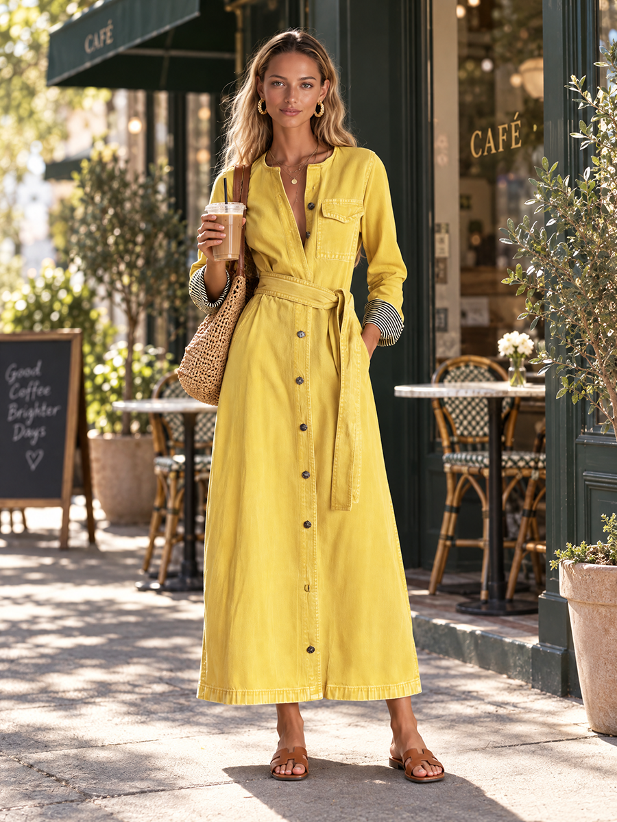 Modern Western Yellow Belted Button Front Denim Maxi Dress  - By Qivii