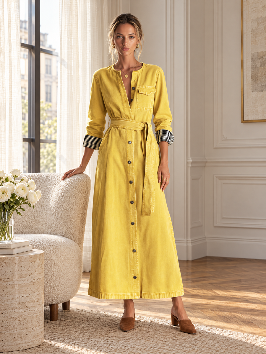 Modern Western Yellow Belted Button Front Denim Maxi Dress  - By Qivii