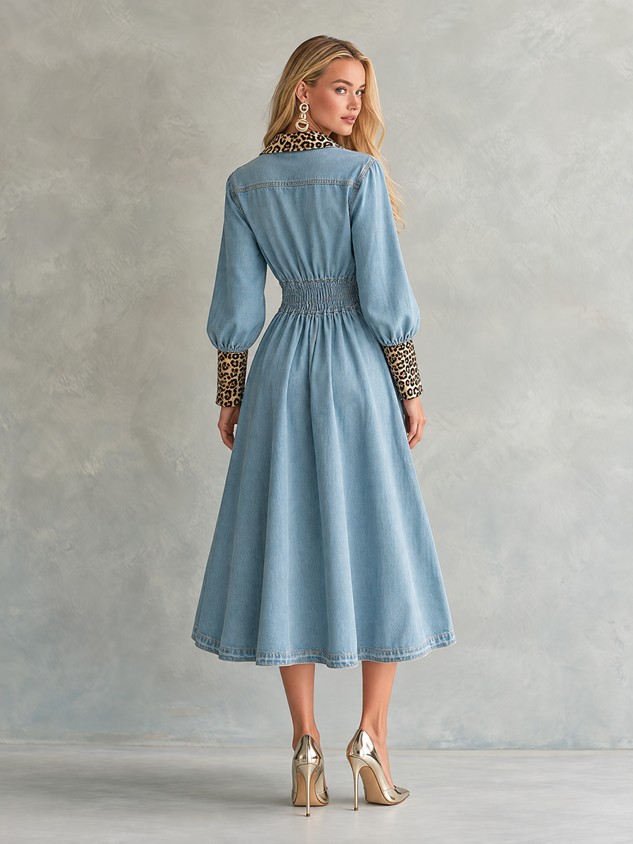Glam Western Leopard Trim Denim Button Front Midi Dress  - By Qivii