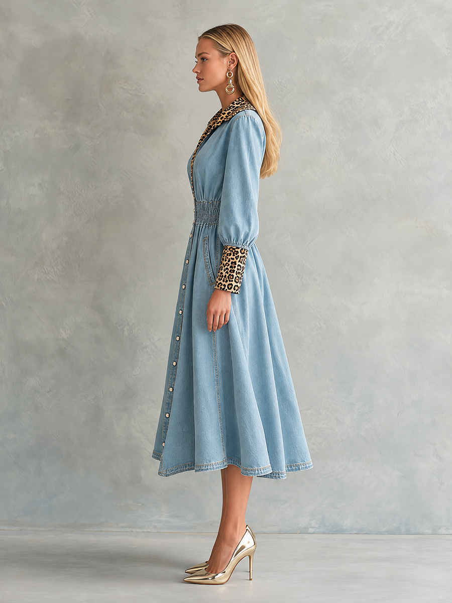 Glam Western Leopard Trim Denim Button Front Midi Dress  - By Qivii