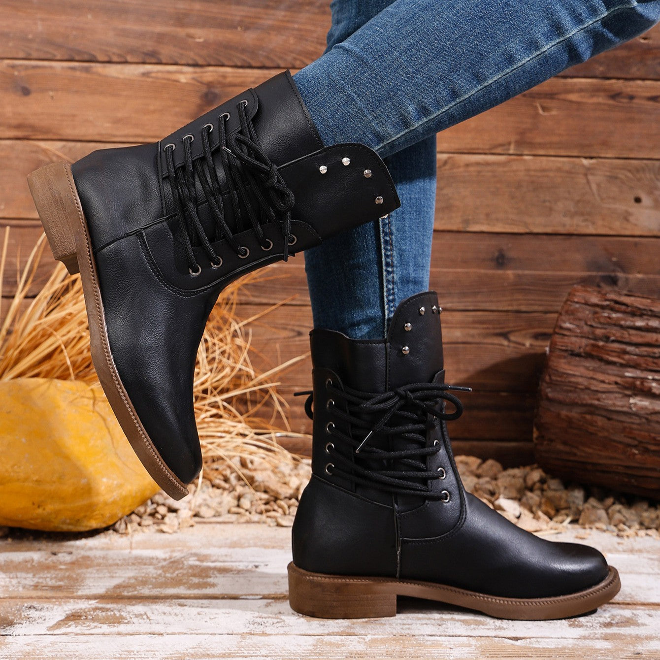 Women's Rivet Roma Boots - Side Lace Chunky Heel Mid Calf Boots (US 4-10.5)