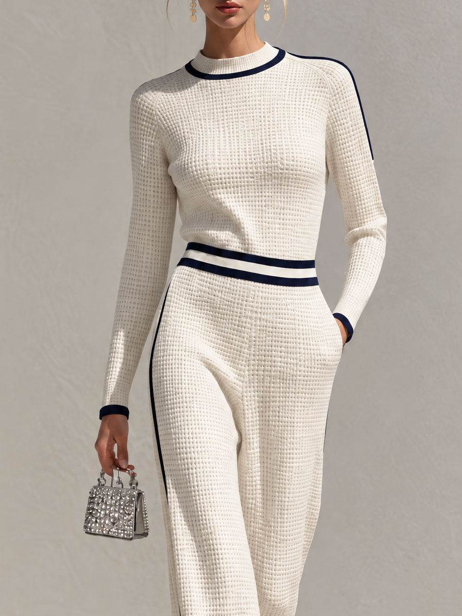 Retro Casual Color-blocked White Knit Top And Pants Set  - By Qivii