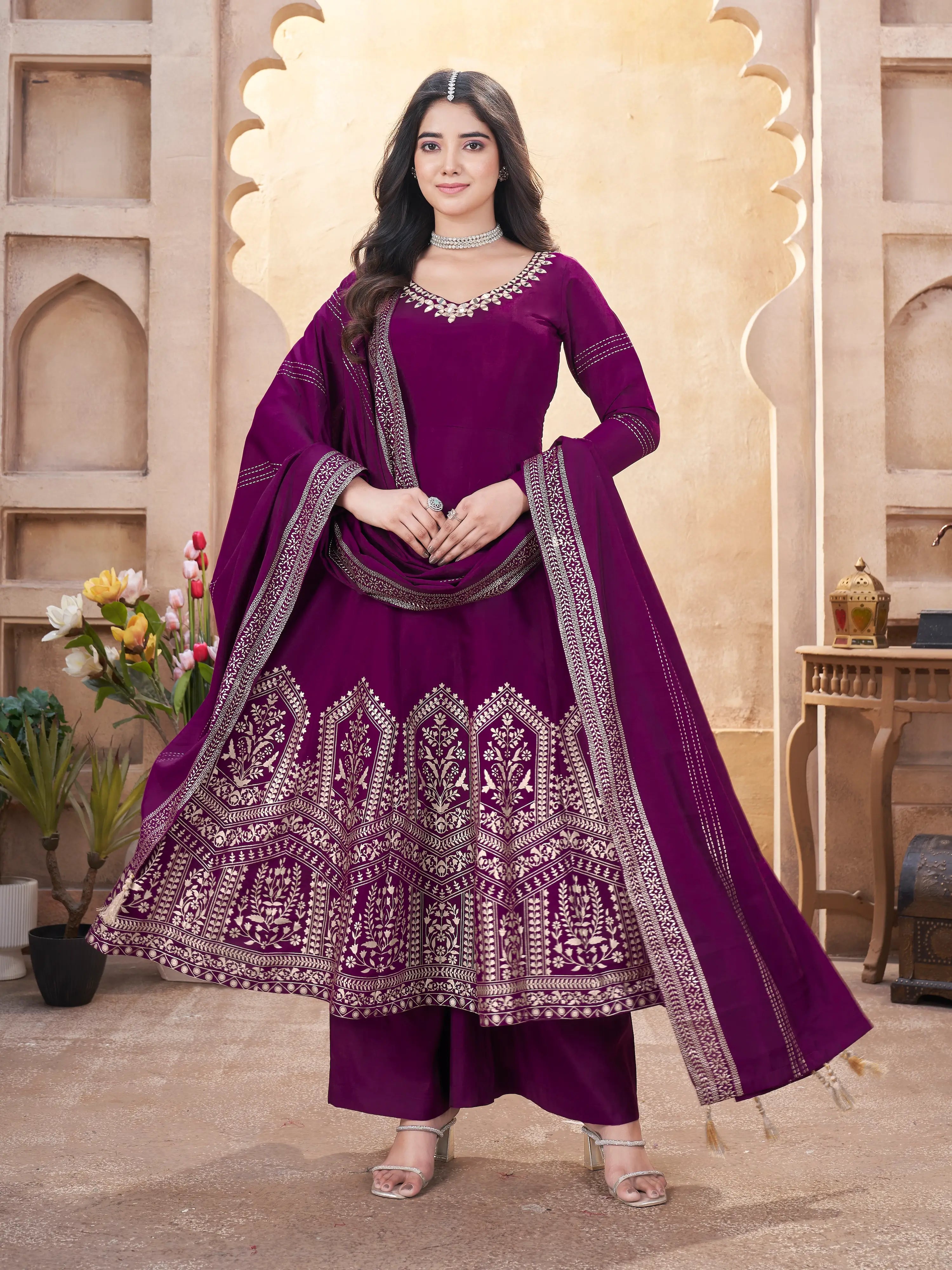 Grape Purple Mirror Work And Foil Print Silk Salwar Suit - qivii