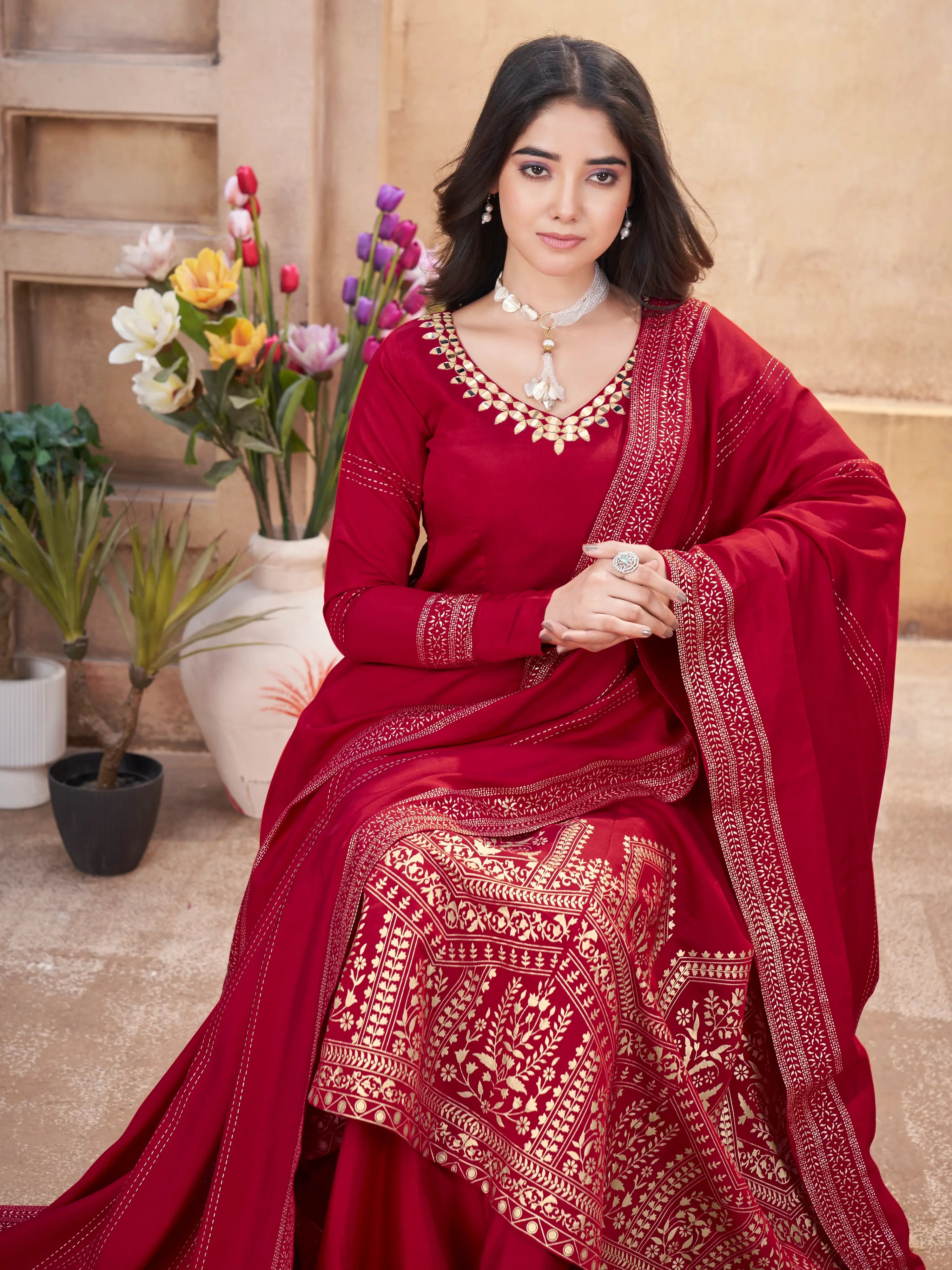 Red  Mirror Work And Foil Print Silk Salwar Suit - qivii