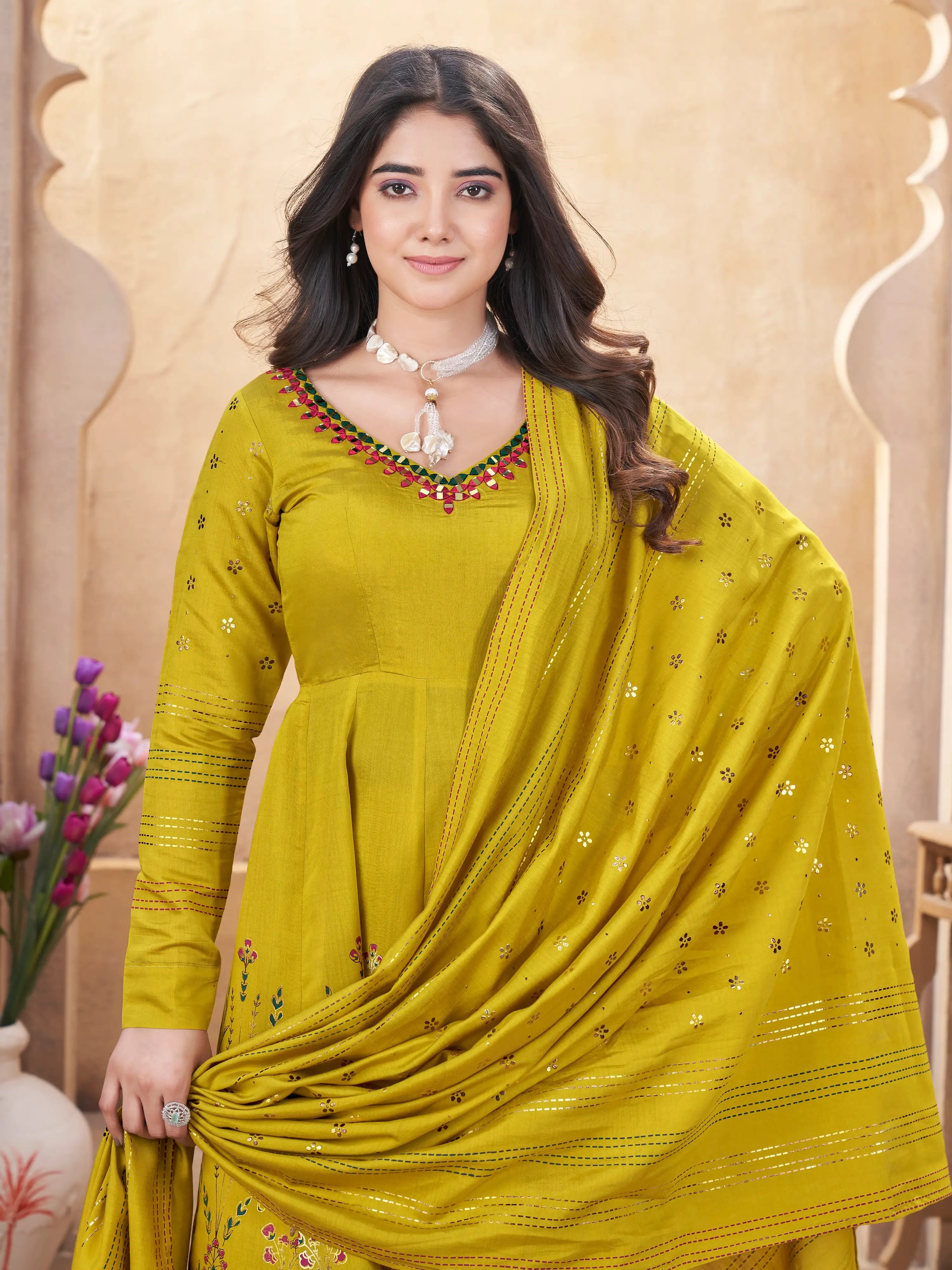 Fluorescent Yellow Mirror Work And Foil Print Silk Salwar Suit - qivii