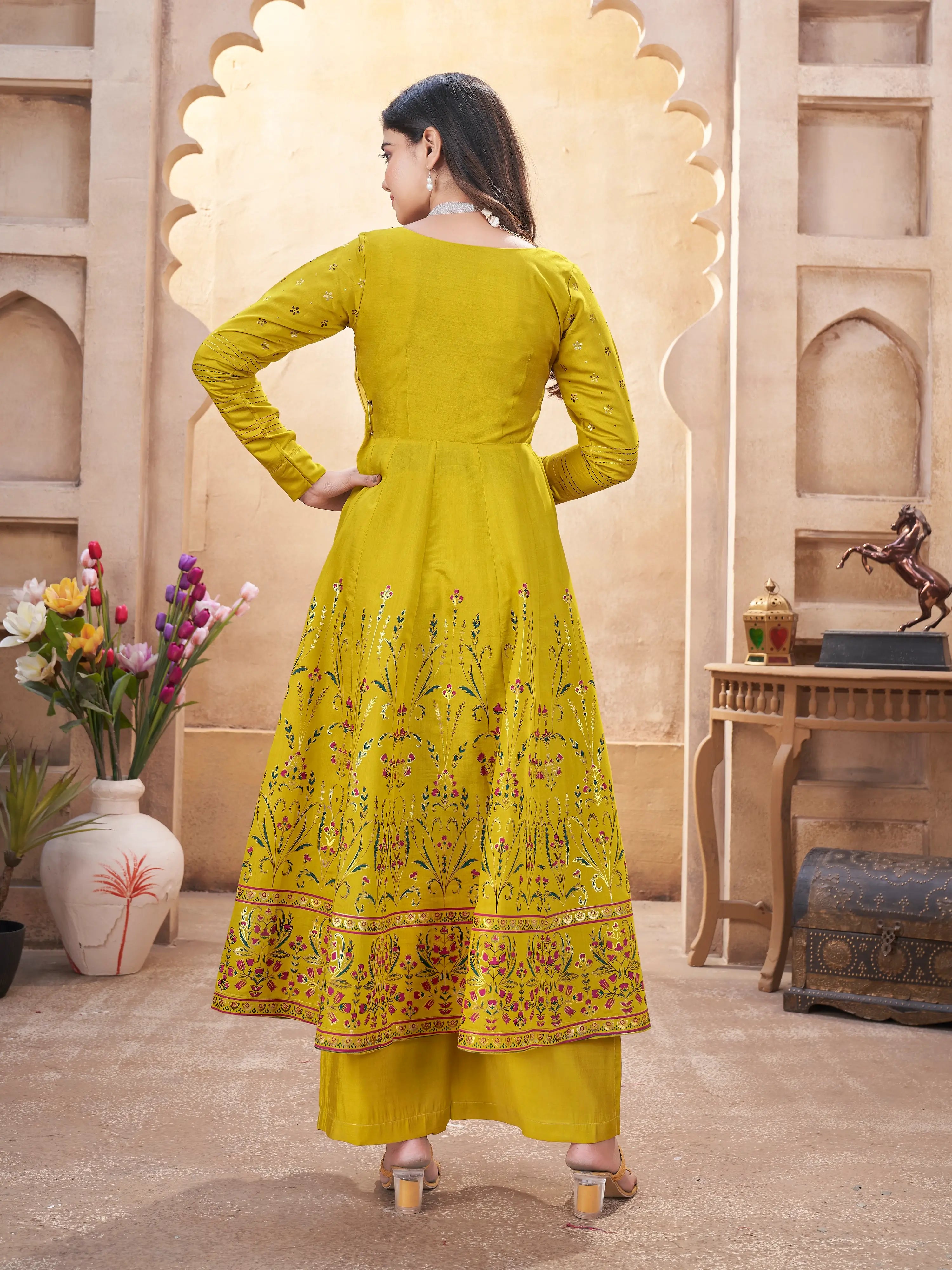Fluorescent Yellow Mirror Work And Foil Print Silk Salwar Suit - qivii